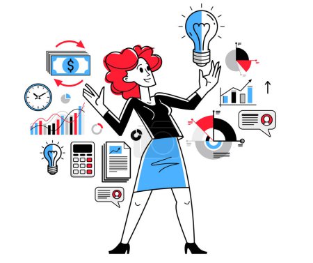 Illustration for Business woman have a bright idea about development or new startup, light bulb solution in a hands of innovative entrepreneur, vector outline illustration. - Royalty Free Image