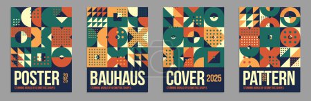 Ilustración de Carteles y cubiertas de vectores geométricos en estilo Bauhaus, diseño para hoja publicitaria, folleto o portada de libro, patrón retro de los años 70 en colores cerámicos nativos. - Imagen libre de derechos