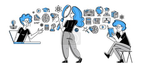 Illustration for Education in university or collage, students are doing homework or preparing for exam, vector outline illustration, study sciences and graduate. - Royalty Free Image