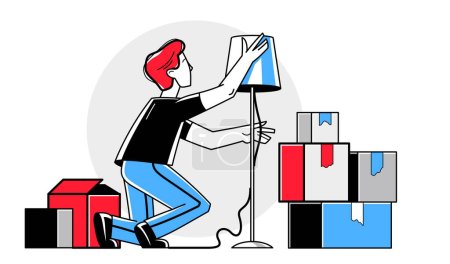 Illustration for Moving to new apartment or business moving to new office, person carry and unpack boxes with stuff, beginning of new life, vector outline illustration. - Royalty Free Image
