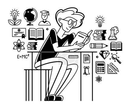 Illustration for Education in university or collage, student is doing homework or preparing for exam, vector outline illustration, study sciences and graduate. - Royalty Free Image