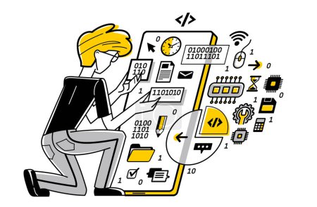 Illustration for Programmer is coding and repairing some applications on phone, vector outline illustration, programming engineer working with app, sysadmin and coder. - Royalty Free Image