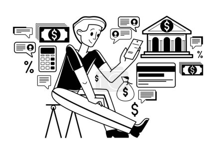 Illustration for Online banking vector outline illustration, manager working with finances or customer manages his account with deposit or credit, e-banking. - Royalty Free Image