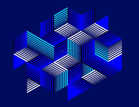 Illustration for Dark blue vector abstract geometric background with cubes and different rhythmic shapes, isometric 3D abstraction art displaying city buildings forms look like, op art. - Royalty Free Image