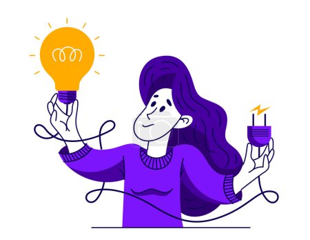 Illustration for Idea needs resources to be realized embodied in life, vector illustration of a young woman with a light bulb and plug for electrify it. - Royalty Free Image
