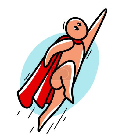 Ilustración de Divertido hombre de dibujos animados volando con abrigo como un vector de superhéroe ilustración de estilo plano aislado en blanco, lindo y positivo pequeño individuo dibujo o icono. - Imagen libre de derechos