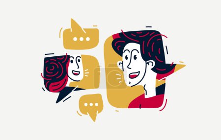 Illustration for Two people talking online via some messenger with speech boxes, vector illustration of online video dialog, couple in speech bubbles. - Royalty Free Image