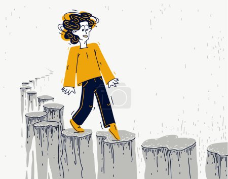 Ilustración de Joven caminando por un camino arriesgado, ilustración vectorial de un chico camina sobre el abismo, concepto de período de vida duro y peligroso. - Imagen libre de derechos