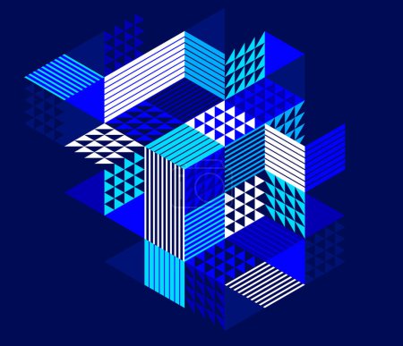 Téléchargez les illustrations : Vecteur bleu foncé abstrait fond géométrique avec des cubes et des formes rythmiques différentes, l'art abstrait isométrique 3D affichant des formes de bâtiments de la ville ressemblent, op art. - en licence libre de droit