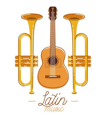 Illustration for Latin music emblem or logo vector flat style illustration isolated, acoustic guitar logotype for recording label or studio or musical band. - Royalty Free Image