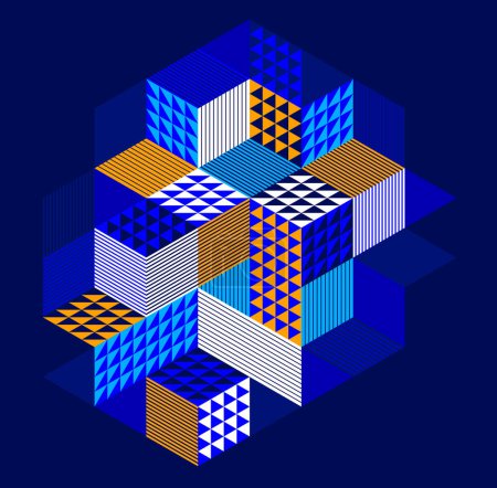 Ilustración de Fondo geométrico abstracto vector azul oscuro con cubos y diferentes formas rítmicas, arte abstracción 3D isométrica que muestra formas de edificios de la ciudad parecen, op art. - Imagen libre de derechos