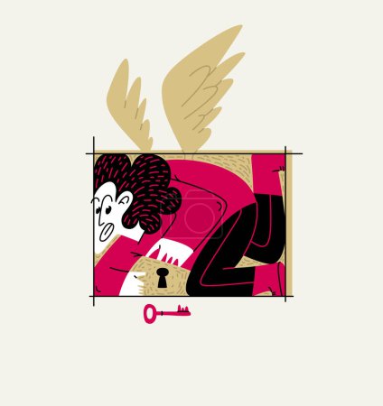 Illustration for Man is locked in a rectangular frame, social and cultural restrictions concept, vector illustration of a guy in uncomfortable pose is locked in his mind barriers with imaginary wings. - Royalty Free Image