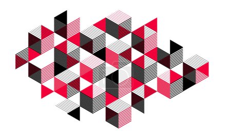 Téléchargez les illustrations : Arrière-plan abstrait vectoriel géométrique noir et rouge avec des cubes et des formes, l'art abstrait isométrique 3D affichant des formes de bâtiments de la ville ressemblent, op art illusion d'optique. - en licence libre de droit