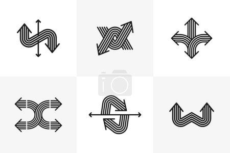 Téléchargez les illustrations : Logos originaux vectoriels flèches ensemble isolé, pictogramme symbole de la collection de signes dynamiques doubles flèches, concept d'icônes linéaires. - en licence libre de droit