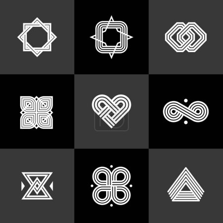 Illustration for Intertwined lines vintage style icons collection, abstract geometric linear symbols vector set, graphic design elements for logo creation. - Royalty Free Image