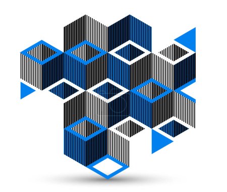 Téléchargez les illustrations : Bleu vecteur abstrait fond géométrique avec des cubes et des formes rythmiques différentes, l'art abstrait 3D isométrique affichant les formes des bâtiments de la ville ressemblent, op art. - en licence libre de droit