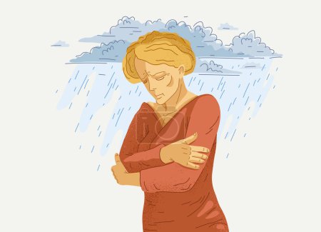 Illustration for Middle age woman feeling stressed and uncomfortable, vector illustration of a person having mental disorder panic and anxiety, psychological problems. - Royalty Free Image