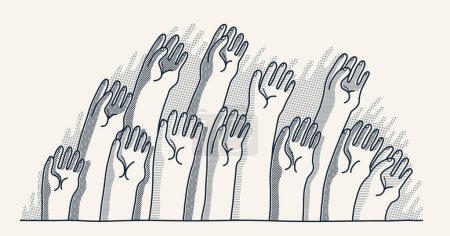 Illustration for Raised hands vector illustration, voting arms, concert live party show crowd, a lot of people shows palm gesture, community concept, help aid volunteer. - Royalty Free Image