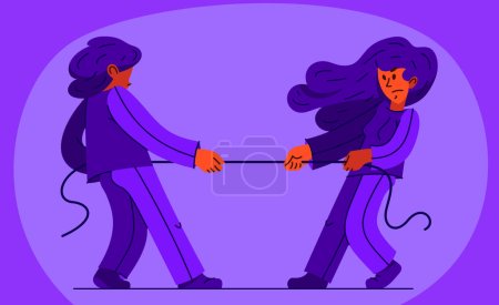 Ilustración de Tug of war struggle between young man and woman, vector illustration of a young people in hard concurrency pulling a rope. - Imagen libre de derechos