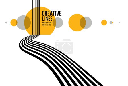 Illustration for 3D black and white lines in perspective with yellow elements abstract vector background, linear perspective illustration op art, road to horizon. - Royalty Free Image