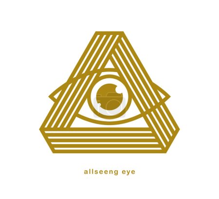 Illustration for All seeing eye in triangle pyramid vector ancient symbol in modern linear style isolated on white, eye of god, masonic sign, secret knowledge illuminati. - Royalty Free Image