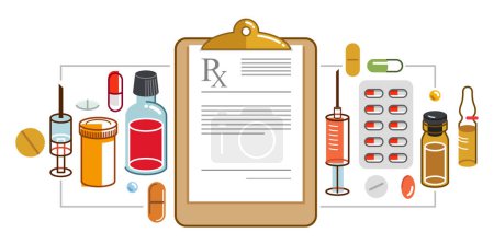 Illustration for RX doctor prescription with different drugs and medicine vector flat style illustration isolated over white, advertising banner health care and healing medical theme design. - Royalty Free Image