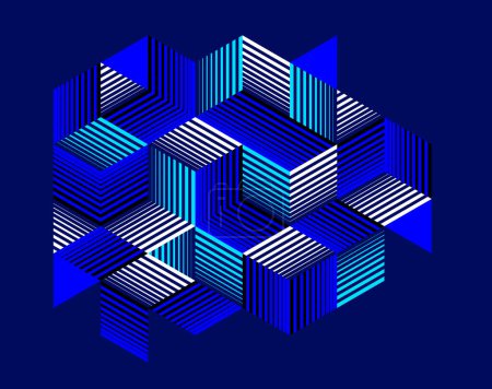 Téléchargez les illustrations : Isometric 3D cubes vecteur abstrait fond géométrique, abstraction art polygonal graphisme papier peint, formes cubiques faible composition sur sombre. - en licence libre de droit