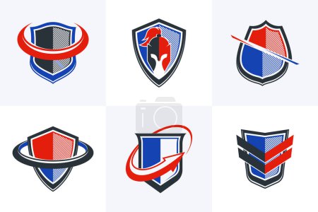 Illustration for Classic shields shapes set with different additional elements vector symbols set, defense and safety icons, ammo emblems collection. - Royalty Free Image