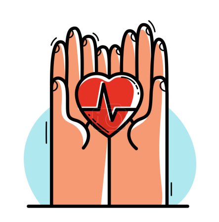 Illustration for Two hands with heart and cardiogram protecting and showing care vector flat style illustration isolated on white, cherish and defense for health concept, cardiology theme. - Royalty Free Image
