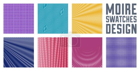 Illustration for Abstract vector backgrounds set made with linear Moire, op art effect surreal textures, sound and music waves theme, color grid abstractions. - Royalty Free Image