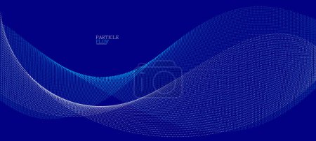 Illustration for Blue dots in motion dark vector abstract background, particles array wavy flow, curve lines of points in movement, technology and science illustration. - Royalty Free Image