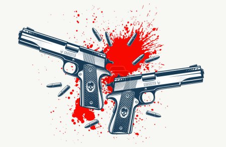 Illustration for Detailed shotgun and blood splatter vector illustration of a detective criminal story, beautiful gun drawing, movie poster or book cover. - Royalty Free Image