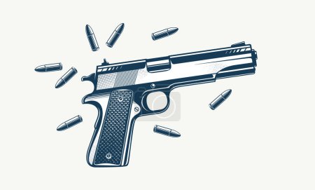 Téléchargez les illustrations : Illustration vectorielle détaillée du fusil de chasse et des balles dans un style graphique classique, beau dessin au pistolet. - en licence libre de droit