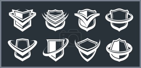Illustration for Set of different designs of shields for branding, ammo protection symbols collection, antivirus or sport theme, insurance or guarantee. - Royalty Free Image
