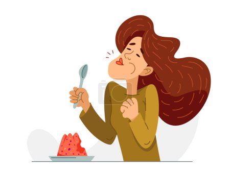 Illustration for Young woman eats tasty sweet dessert, vector illustration of a girl enjoys the jelly. - Royalty Free Image
