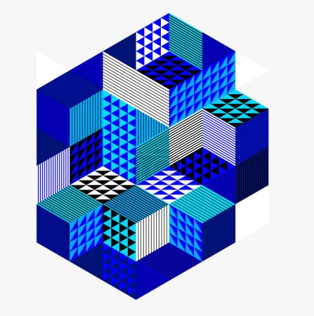 Téléchargez les illustrations : Papier peint vectoriel abstrait avec cubes isométriques 3D blocs, construction géométrique avec des formes et des formes de blocs, op art low poly theme. - en licence libre de droit