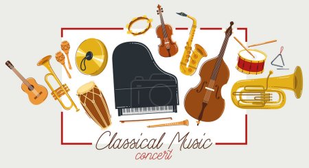 Illustration for Classical music instruments poster vector flat style illustration, classic orchestra acoustic flyer or banner, concert or festival live sound, diversity of musical tools. - Royalty Free Image
