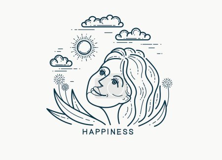 Téléchargez les illustrations : Concept d'émotion du bonheur, dessin vectoriel d'un visage de femme affiche positif et optimisme, emblème ou logo dessin ressemblant. - en licence libre de droit