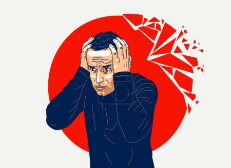 Illustration for Young man feeling stressed and uncomfortable, vector illustration of a person having mental disorder panic and anxiety, psychological problems. - Royalty Free Image