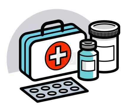 Illustration for Medicine first aid medical kit theme pills and bottles 3d vector illustration isolated, medicaments and drugs, health care meds cartoon, vitamins or antibiotics, simple linear design. - Royalty Free Image