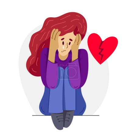 Illustration for Young woman with a broken heart failed love and breakup emotional concept, vector illustration of a suffering after broken up relations. - Royalty Free Image