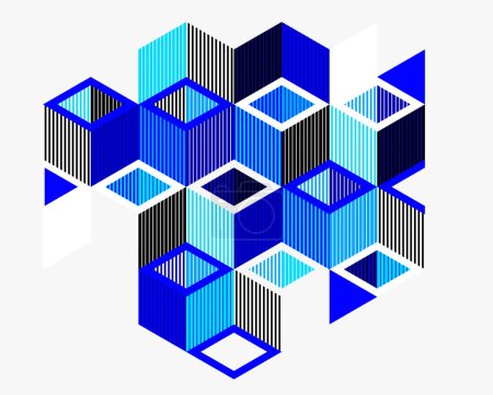 Téléchargez les illustrations : Bleu vecteur abstrait fond géométrique avec des cubes et des formes rythmiques différentes, l'art abstrait 3D isométrique affichant les formes des bâtiments de la ville ressemblent, op art. - en licence libre de droit