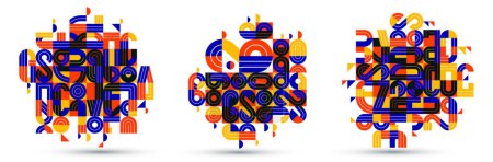 Illustration for Abstract geometric composition vector designs set, colorful abstraction isolated on white, modern style shapes illustration art collection. - Royalty Free Image