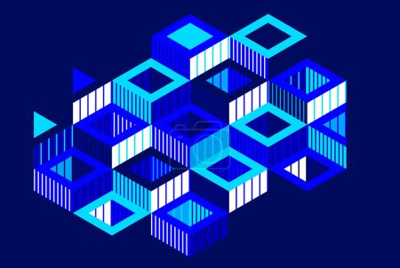 Illustration for Dark blue vector abstract geometric background with cubes and different rhythmic shapes, isometric 3D abstraction art displaying city buildings forms look like, op art. - Royalty Free Image