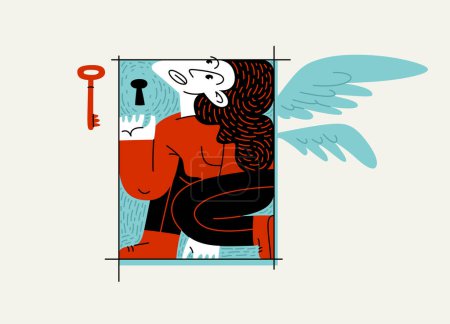 Illustration for Woman is locked in a rectangular frame, social and cultural restrictions concept, vector illustration of a girl in uncomfortable pose is locked in her mind barriers with imaginary wings. - Royalty Free Image