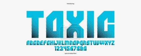 Illustration for Halftone dotted futuristic cyberpunk font for logos and posters, vector brutal industrial typeface alphabet letters and numbers, urban technic future typography. - Royalty Free Image