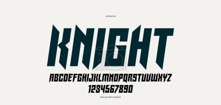 Illustration for Sharp and bold gothic font for logo creation of for headlines, edgy geometric modern vector italic typeface, heavy metal and hard rock style alphabet with numbers. - Royalty Free Image