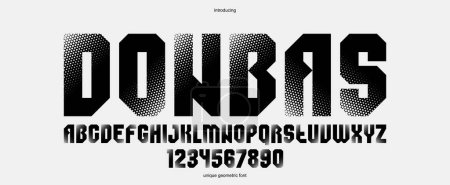 Halftone dotted geometric brutal and bold typeface for logos and posters, vector urban industrial font, modern display typography in cyberpunk futuristic style.