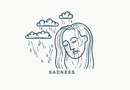 Ilustración de Emoción de concepto de tristeza, dibujo vectorial de una cara de mujer muestra tristeza, emblema o logotipo dibujo parecido. - Imagen libre de derechos