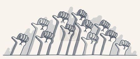 Illustration for Raised hands with like thumb up button, vector illustration of a group of people showing thumb up gesture, social assessment of society concept. - Royalty Free Image